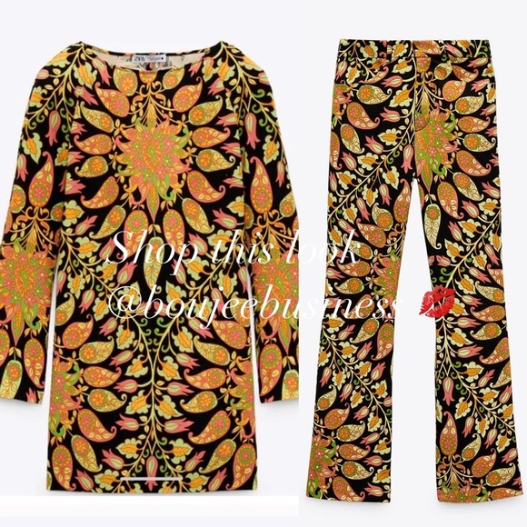 ZARA Printed Flared Pants + Mini Dress Coord Set - Picture 6 of 7
